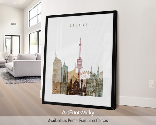 Vienna city skyline print featuring St. Stephen's Cathedral, Hofburg Palace, and iconic landmarks in a rich and textured warm Watercolor 1 style, by ArtPrintsVicky.