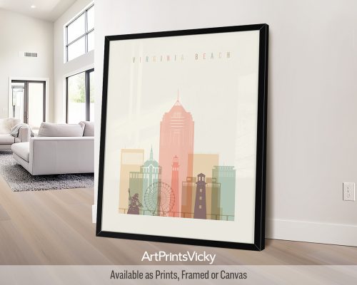 Virginia Beach skyline with the boardwalk, oceanfront, and other landmarks in a soft, vintage-inspired pastel cream palette, by ArtPrintsVicky.