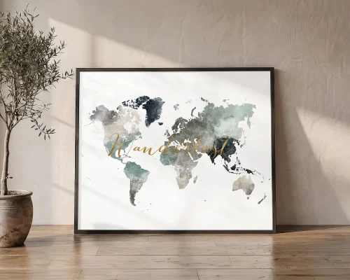 Wanderlust Awakens Cool Tones World Map Poster | ArtPrintsVicky