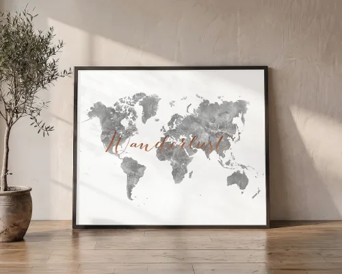 Wanderlust – World Map in Grey Watercolors | ArtPrintsVicky