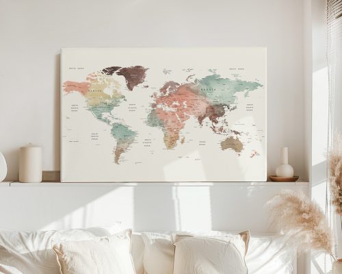 World map with pastel colors including cream, green, and brown tones, featuring country names and boundaries.