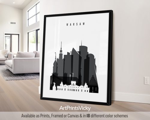 Warsaw skyline poster featuring iconic landmarks in a black and white theme by ArtPrintsVicky.