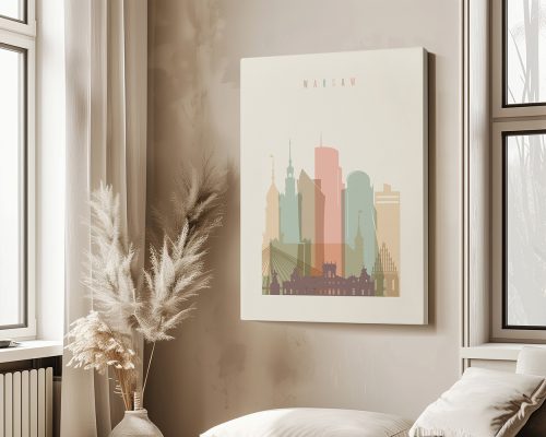 Art print of a stylized Warsaw city skyline featuring various buildings in pastel colors.