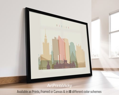 Warsaw skyline in warm pastel cream theme, landscape orientation, modern city print by ArtPrintsVicky