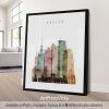Art print featuring a stylized cityscape of Warsaw with various buildings and structures.