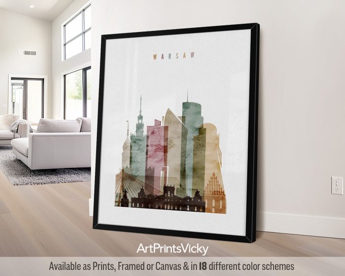 Art print featuring a stylized cityscape of Warsaw with various buildings and structures.