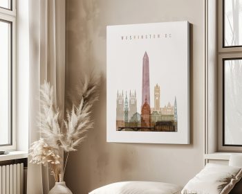 Art print featuring a stylized cityscape of Washington DC with notable buildings and the Washington Monument.