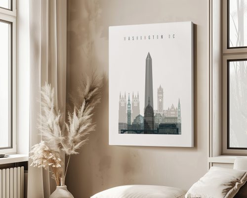 Art print featuring a stylized cityscape of Washington DC with notable landmarks.