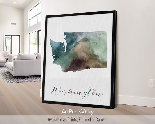 Earthy watercolor poster of the Washington state map, with "Washington" written below in handwritten script, on a textured background. Perfect for lovers of Pacific Northwest landscapes by ArtPrintsVicky.