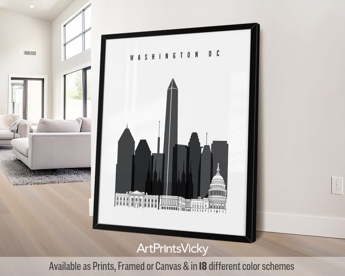 Black and white cityscape art print of Washington DC featuring notable buildings and monuments.