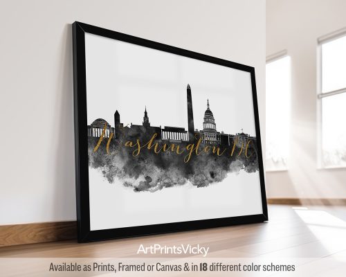 Black and white watercolor art print featuring a breathtaking view of the Washington DC cityscape with iconic landmarks like the Washington Monument and the Capitol Building. The city's name is written in a bold faux gold font in the middle of the print. by ArtPrintsVicky.