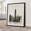 Framed print of a cityscape featuring the Washington DC skyline with notable buildings.