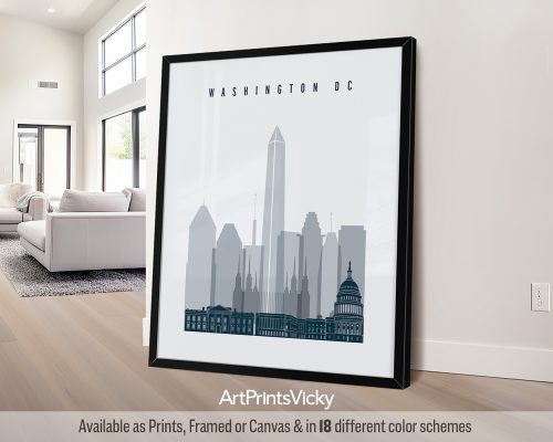 Washington DC city skyline poster in a calming grey blue color palette by ArtPrintsVicky