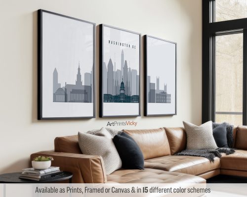 Washington DC skyline triptych featuring the Washington Monument, the US Capitol Building, iconic landmarks, and vibrant cityscape in a cool Grey Blue color scheme, divided into three contemporary prints. by ArtPrintsVicky.