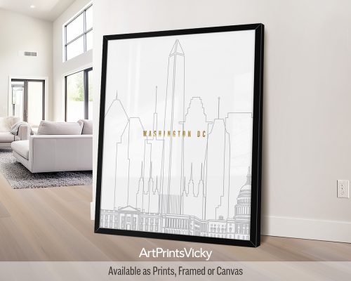 Washington D.C. city print featuring dark gray line art skyline with faux gold title 