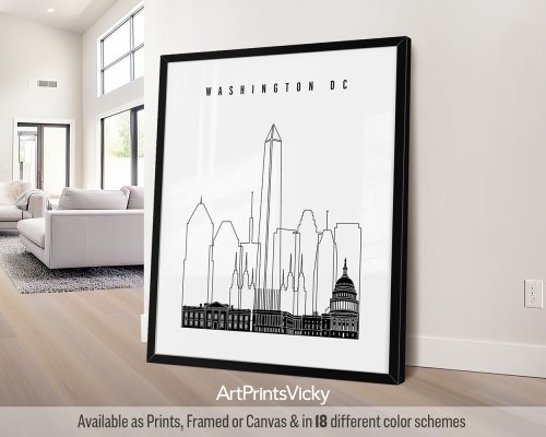 Washington D.C. skyline poster featuring iconic monuments in a minimalist black and white line-art style by ArtPrintsVicky.