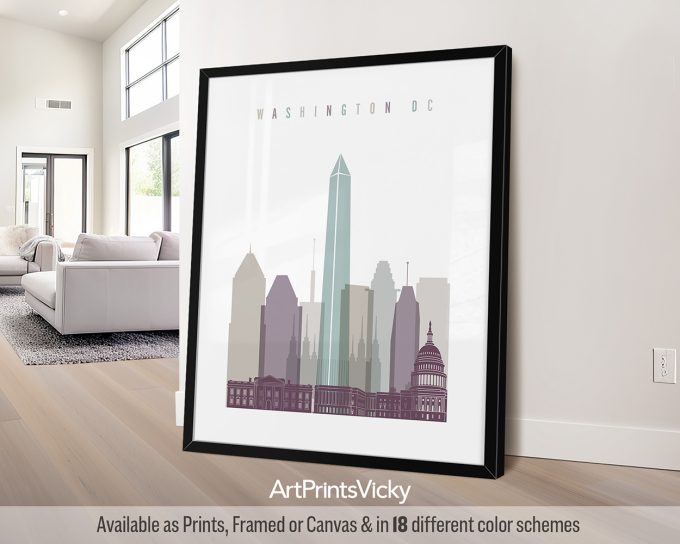 Art print of a cityscape featuring notable buildings in Washington DC, framed and displayed indoors.