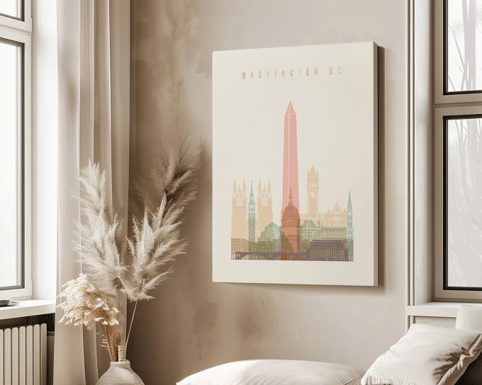 Art print featuring a stylized cityscape of Washington DC with notable landmarks.