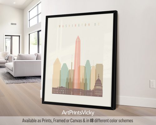 Washington D.C. skyline in warm pastel cream theme, modern city print by ArtPrintsVicky