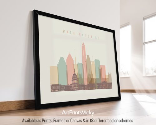 Washington D.C. skyline in warm pastel cream theme, landscape orientation, modern city print by ArtPrintsVicky