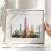 Art print featuring a stylized cityscape of Washington DC with notable buildings and monuments.