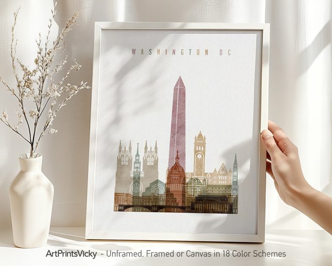 Art print featuring a stylized cityscape of Washington DC with notable landmarks and the Washington Monument.
