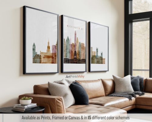 Washington DC skyline triptych featuring the Washington Monument, the US Capitol Building, iconic landmarks, and vibrant cityscape in a rich and textured warm Watercolor 1 style, divided into three contemporary prints. by ArtPrintsVicky.