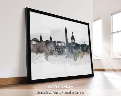 Watercolor art poster of the Washington DC skyline, showcasing iconic monuments, historical buildings by ArtPrintsVicky.