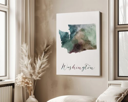 Watercolor illustration of Washington State with a soft color palette and the word 'Washington' written below.
