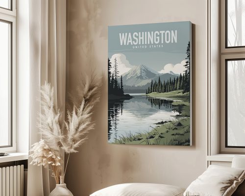 Art print featuring a landscape of Washington State with mountains and a lake.
