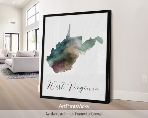 Earthy watercolor poster of the West Virginia state map, with "West Virginia" written below in handwritten script, on a textured background. Perfect for lovers of Appalachian landscapes and the Mountain State by ArtPrintsVicky.