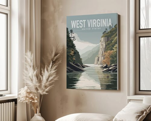 Illustrative travel poster featuring mountains and a river in West Virginia with text overlay.