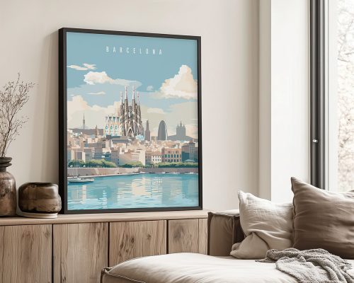 Framed art print of Barcelona featuring the Sagrada Familia and city skyline against a blue sky.