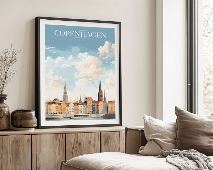 Framed art print of a Copenhagen cityscape featuring buildings and clouds.
