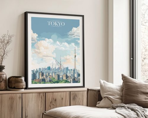 Framed art print of Tokyo cityscape featuring Mount Fuji and Tokyo Skytree under a blue sky.