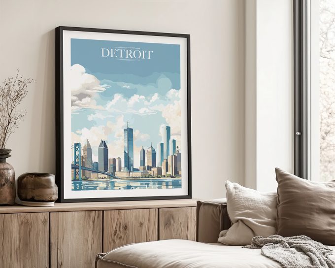 Framed artwork featuring a stylized cityscape of Detroit with clouds and a bridge.