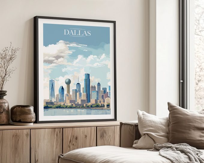 Framed artwork depicting a cityscape of Dallas with a blue sky and clouds.