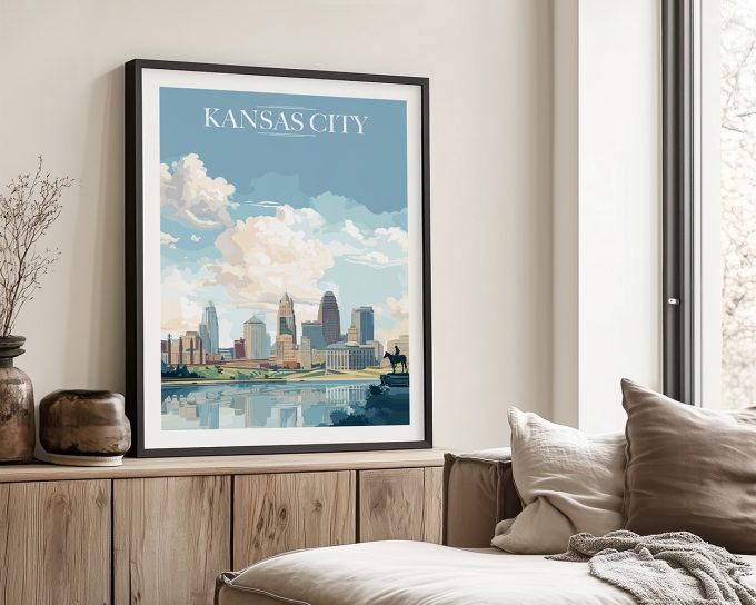 Framed artwork of Kansas City skyline with clouds and reflections in the water.
