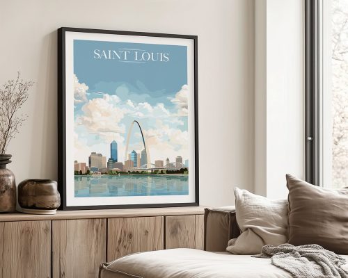 Framed art print of the Saint Louis city skyline featuring the Gateway Arch and surrounding buildings.