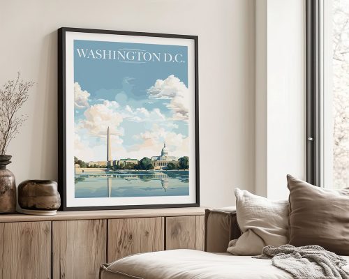 Framed artwork of Washington D.C. featuring the Washington Monument and Capitol building with a blue sky and clouds.