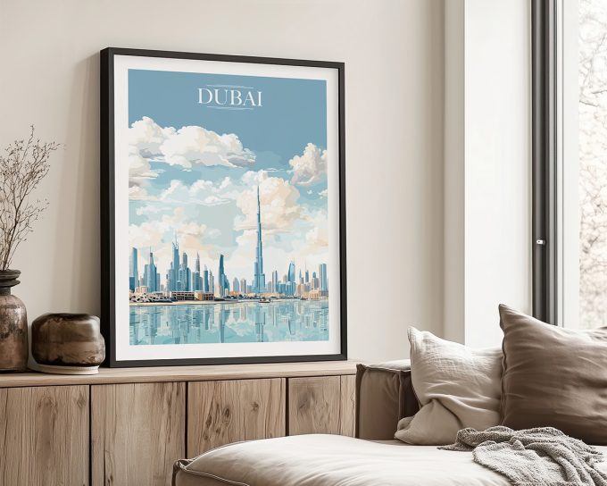 Framed artwork depicting the Dubai skyline with the Burj Khalifa and clouds in the background.