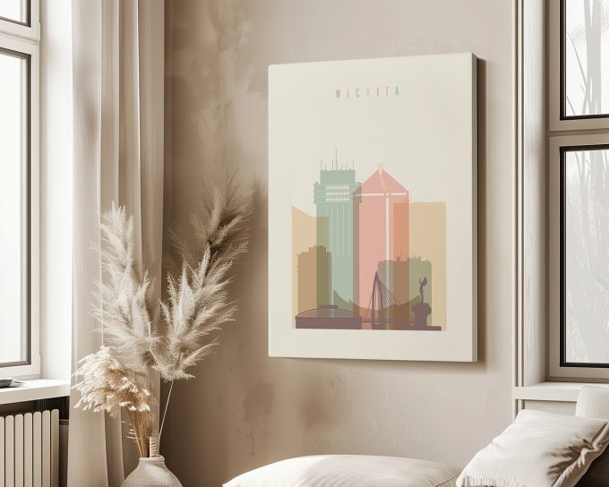 Wichita modern skyline wall art poster in warm pastels featuring city’s iconic landmarks. Available in 18 color schemes framed, unframed or canvas by ArtPrintsVicky.