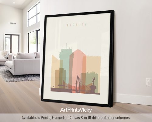 Wichita skyline in warm pastel cream theme, modern city print by ArtPrintsVicky