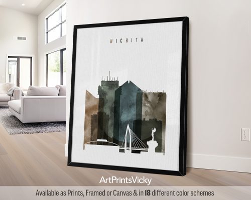 Wichita skyline featuring iconic landmarks and vibrant architecture in a contemporary and expressive Earthy Watercolor 2 style, by ArtPrintsVicky.