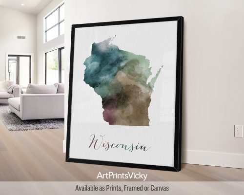 Earthy watercolor print of the Wisconsin state map, with "Wisconsin" written below in handwritten script, on a textured background. Perfect for lovers of the Midwest and America's Dairyland by ArtPrintsVicky.