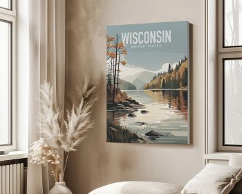 Art print featuring a scenic view of Wisconsin with mountains and trees reflected in water.