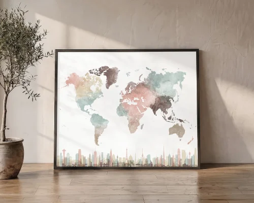 World Explorer Soft Pastel Map with Skylines | ArtPrintsVicky