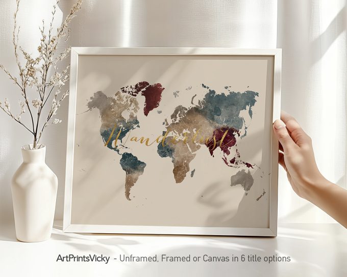 Artistic representation of a world map with watercolor effects in various colors.