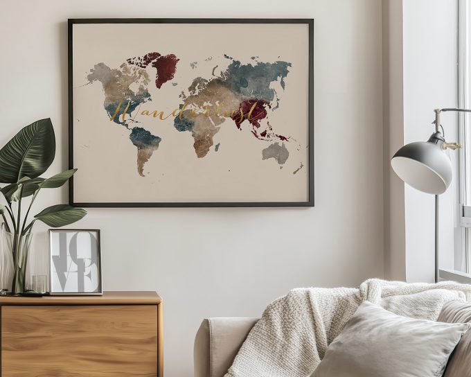 Artistic world map featuring various colors and textures on a neutral background.