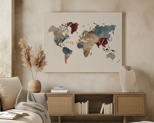 Artistic representation of a world map with various colors and textures on a canvas.